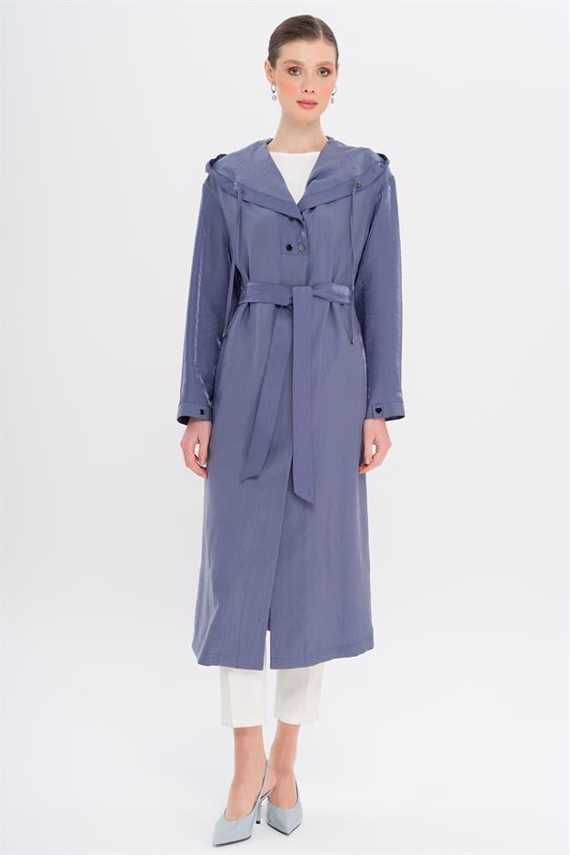 Hooded Snap Detail Unlined Coat İNDİGO 6749
