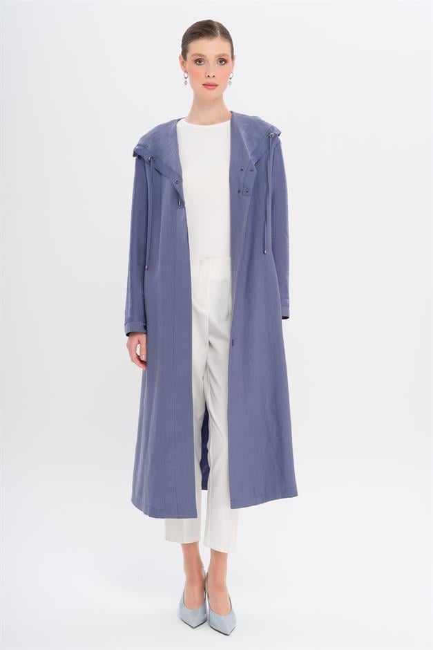 Hooded Snap Detail Unlined Coat İNDİGO 6749