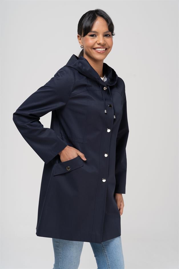 Kapüşonlu Çıt Çıt Kapamalı Arkası Büzgülü Su İtici Özellikli Trençkot LACİVERT 6533