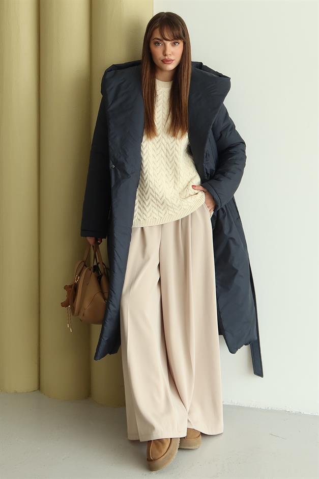 Kapüşonlu Çıt Çıt Kapamalı Elyaflı Uzun Mont LACİVERT 6815