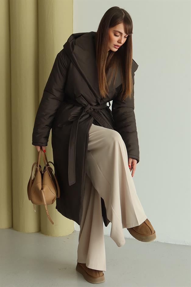 Kapüşonlu Çıt Çıt Kapamalı Elyaflı Uzun Mont KAHVE 6815