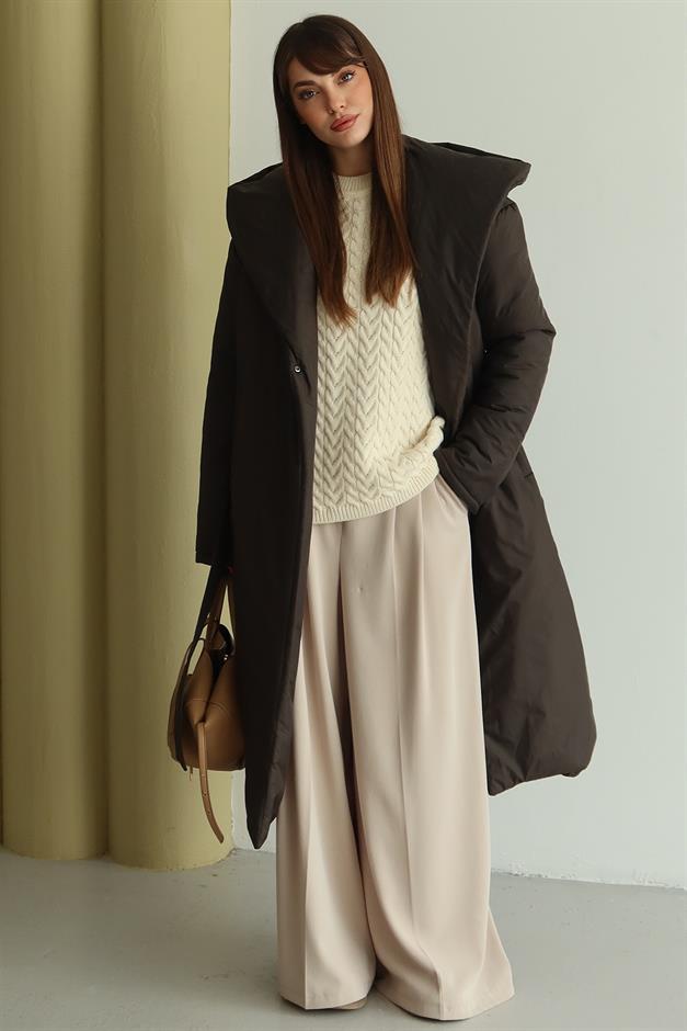 Kapüşonlu Çıt Çıt Kapamalı Elyaflı Uzun Mont KAHVE 6815