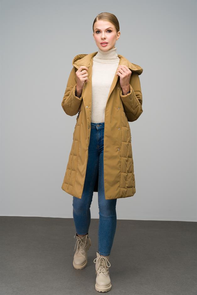 Hooded Snap Closure Quilted Patterned Coat CAMEL 6663