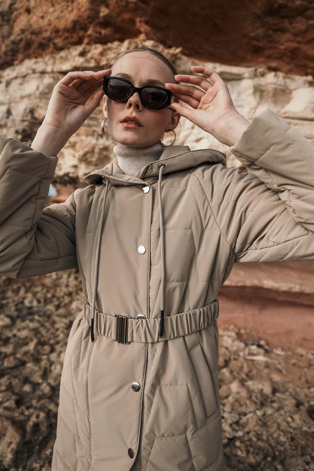 Hooded Snap Closure Quilted Patterned Coat IVORY 6663