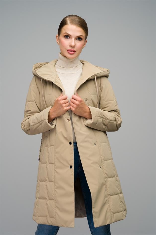 Hooded Snap Closure Quilted Patterned Coat IVORY 6663
