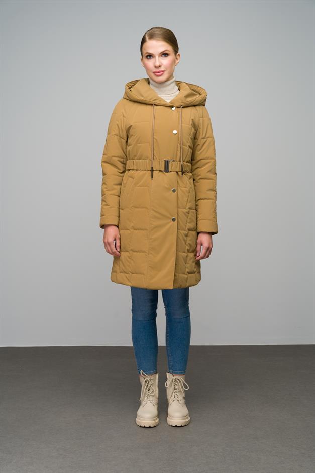 Hooded Snap Closure Quilted Patterned Coat CAMEL 6663