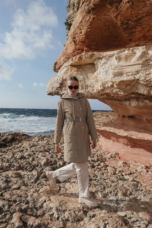 Hooded Snap Closure Quilted Patterned Coat IVORY 6663