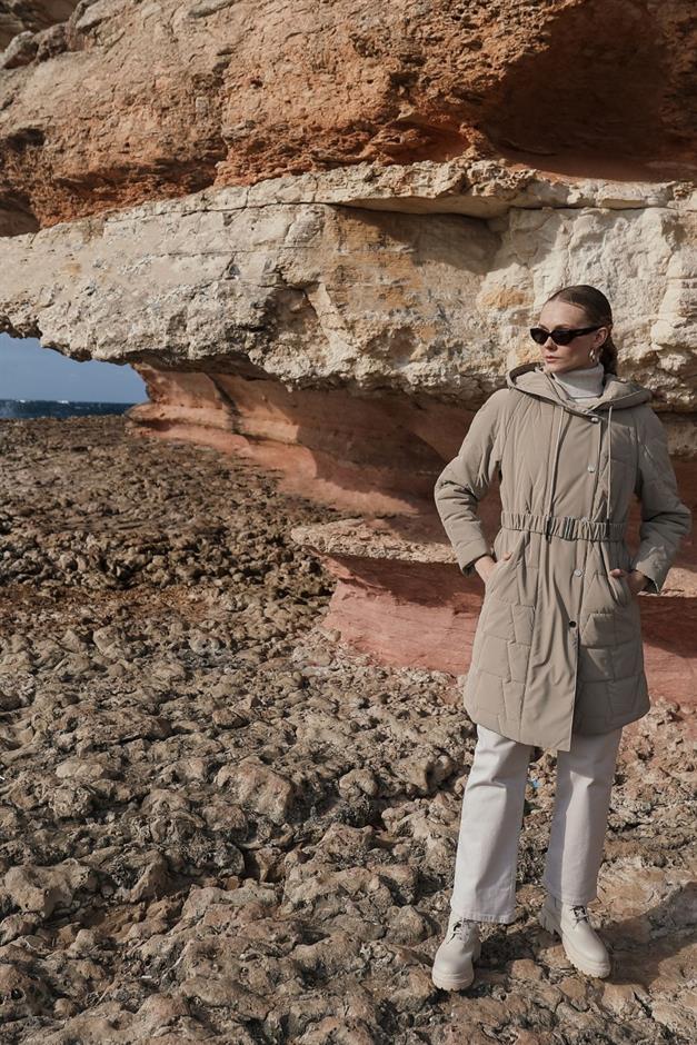 Hooded Snap Closure Quilted Patterned Coat IVORY 6663