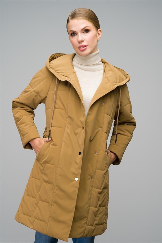 Hooded Snap Closure Quilted Patterned Coat CAMEL 6663