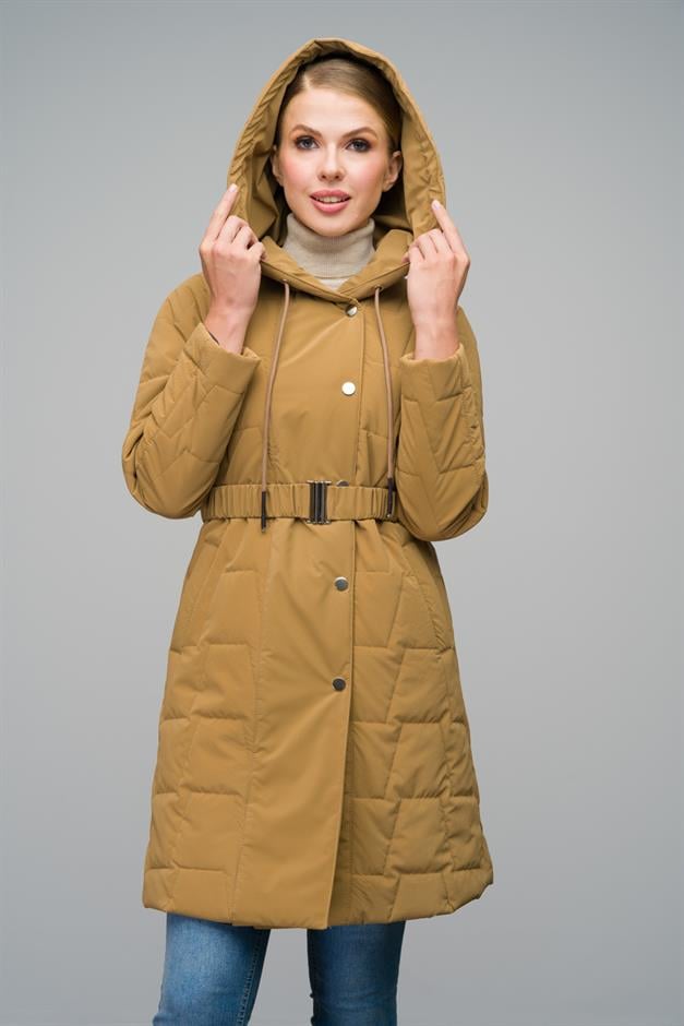 Hooded Snap Closure Quilted Patterned Coat CAMEL 6663