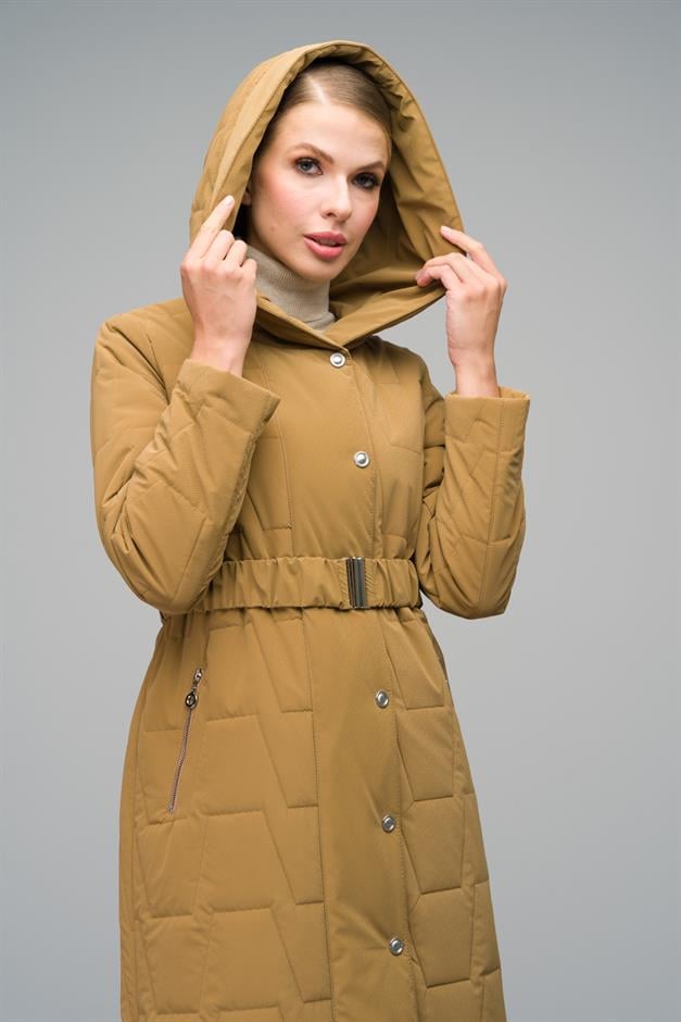 Hooded Snap Closure Quilted Long Coat CAMEL 6661