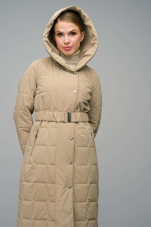 Hooded Snap Closure Quilted Long Coat IVORY 6661