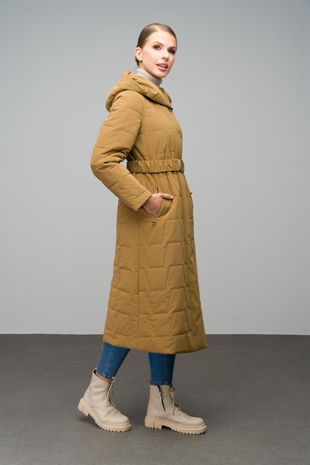 Hooded Snap Closure Quilted Long Coat CAMEL 6661