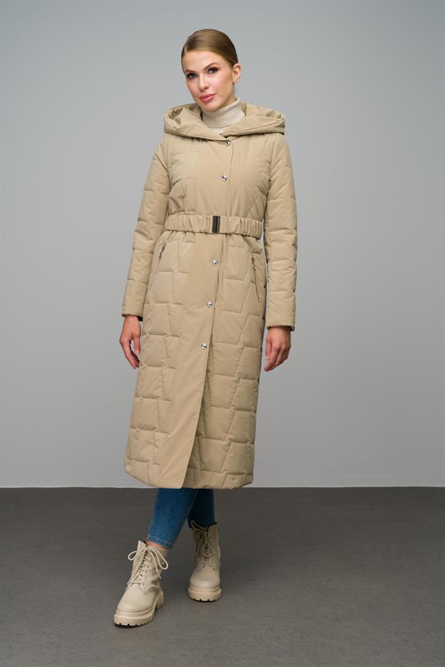 Hooded Snap Closure Quilted Long Coat IVORY 6661