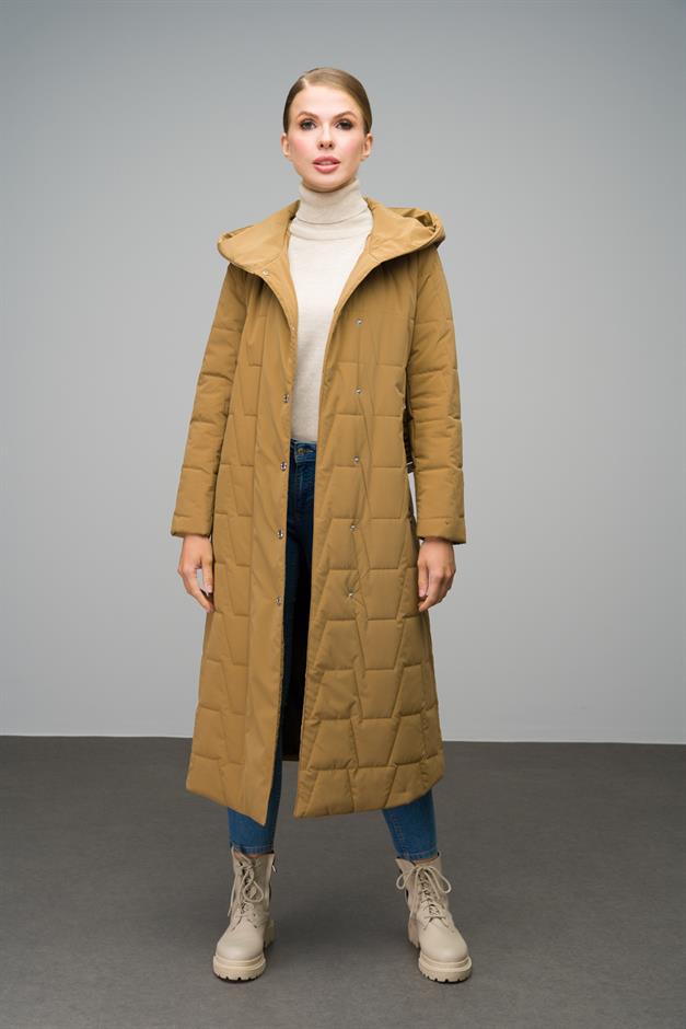 Hooded Snap Closure Quilted Long Coat CAMEL 6661