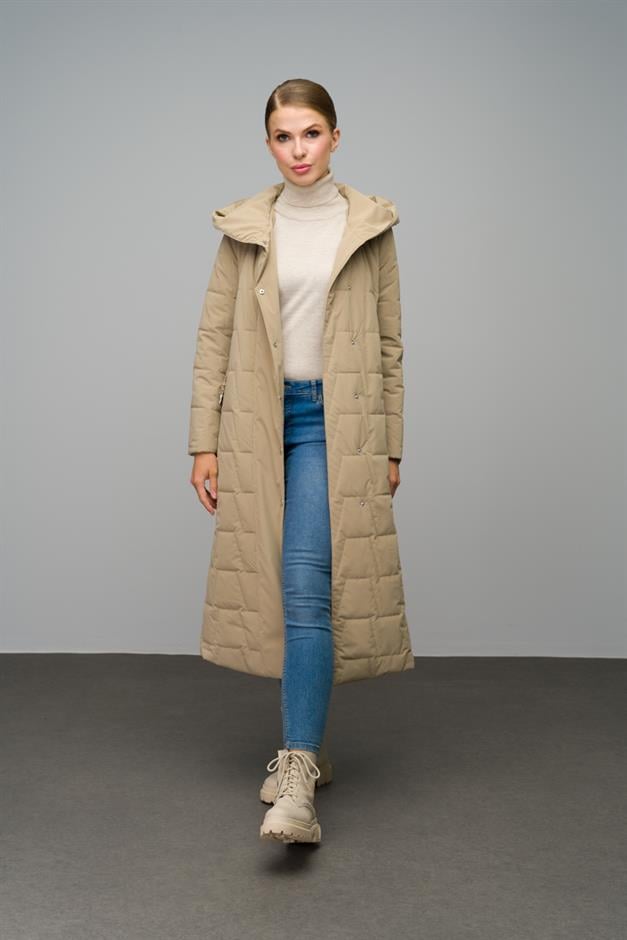 Hooded Snap Closure Quilted Long Coat IVORY 6661