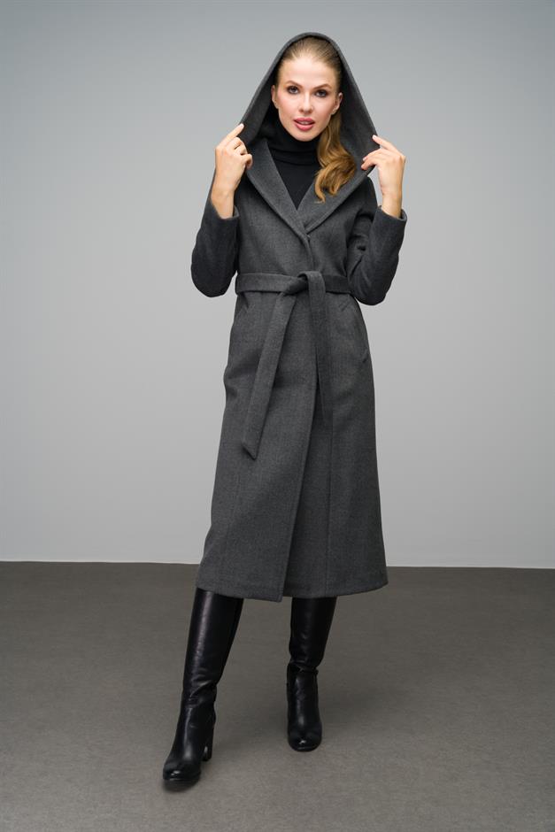 Hooded Long Coat with Snap Closure DARK GREY 3070