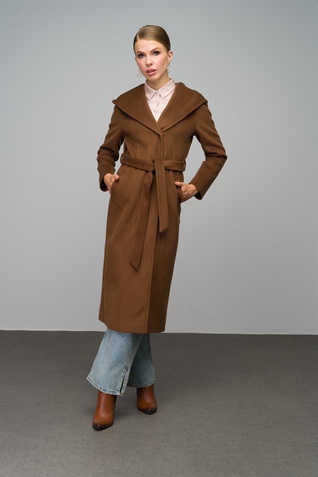 Hooded Long Coat with Snap Closure TOBACCO 3070