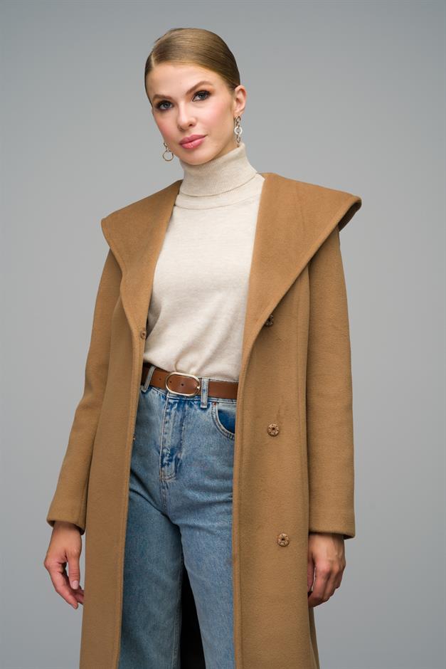 Hooded Long Coat with Snap Closure K. KAMEL 3070