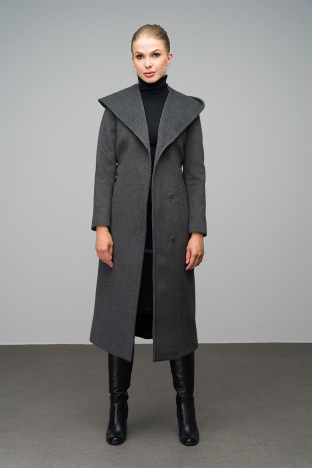 Hooded Long Coat with Snap Closure DARK GREY 3070
