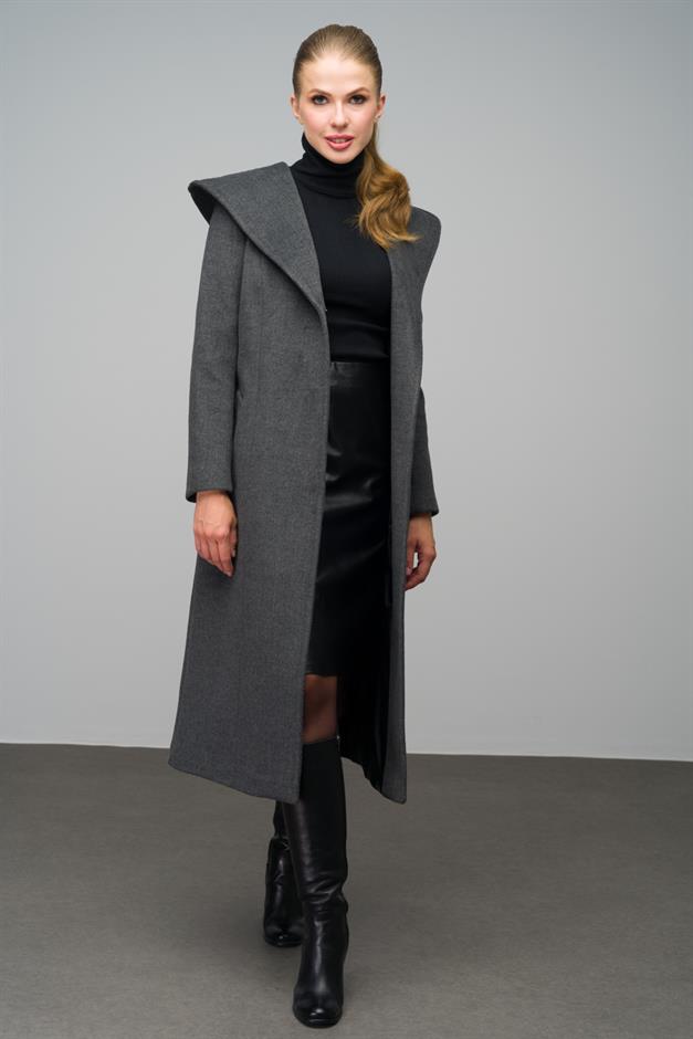 Hooded Long Coat with Snap Closure DARK GREY 3070