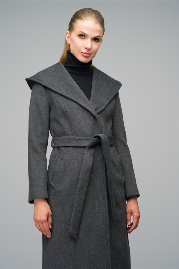 Hooded Long Coat with Snap Closure DARK GREY 3070