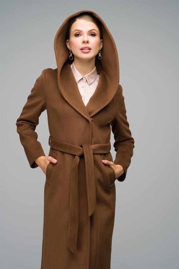 Hooded Long Coat with Snap Closure TOBACCO 3070