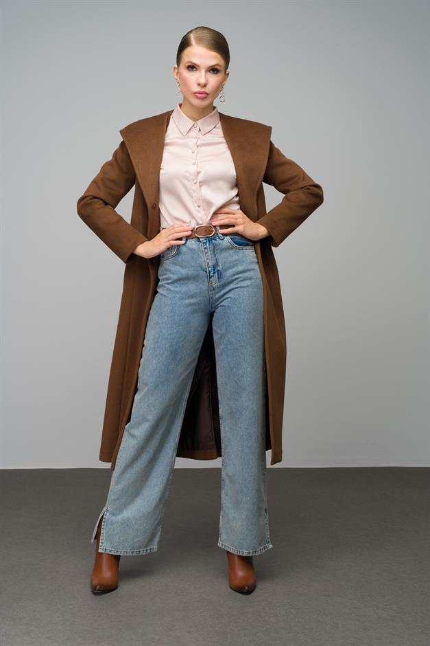 Hooded Long Coat with Snap Closure TOBACCO 3070