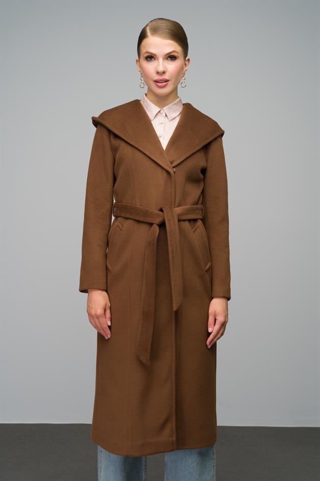Hooded Long Coat with Snap Closure TOBACCO 3070