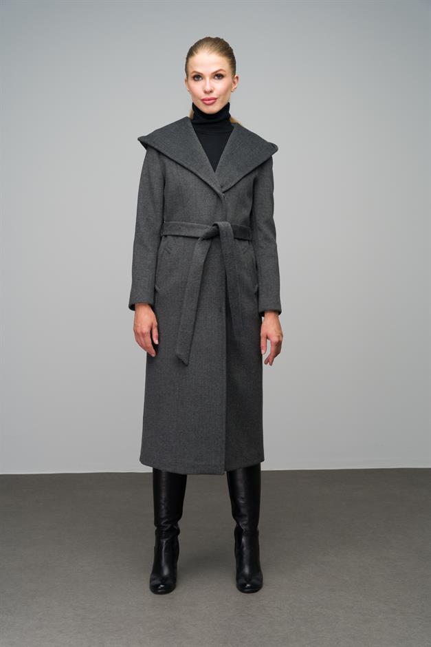 Hooded Long Coat with Snap Closure DARK GREY 3070