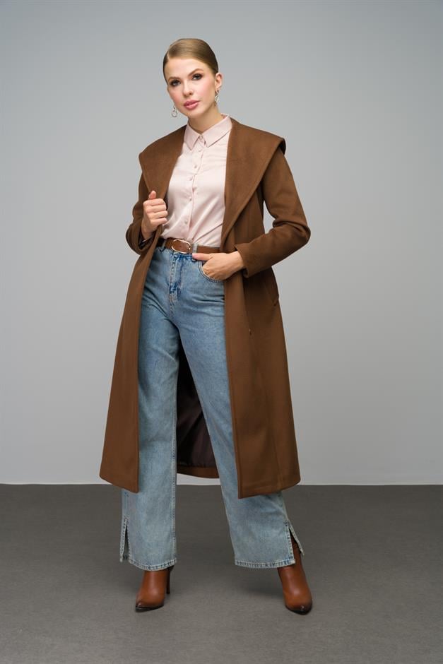 Hooded Long Coat with Snap Closure TOBACCO 3070