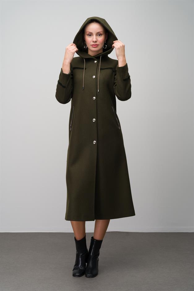 Hooded Snap Closure Wool Blend Long Coat DRAB 6631
