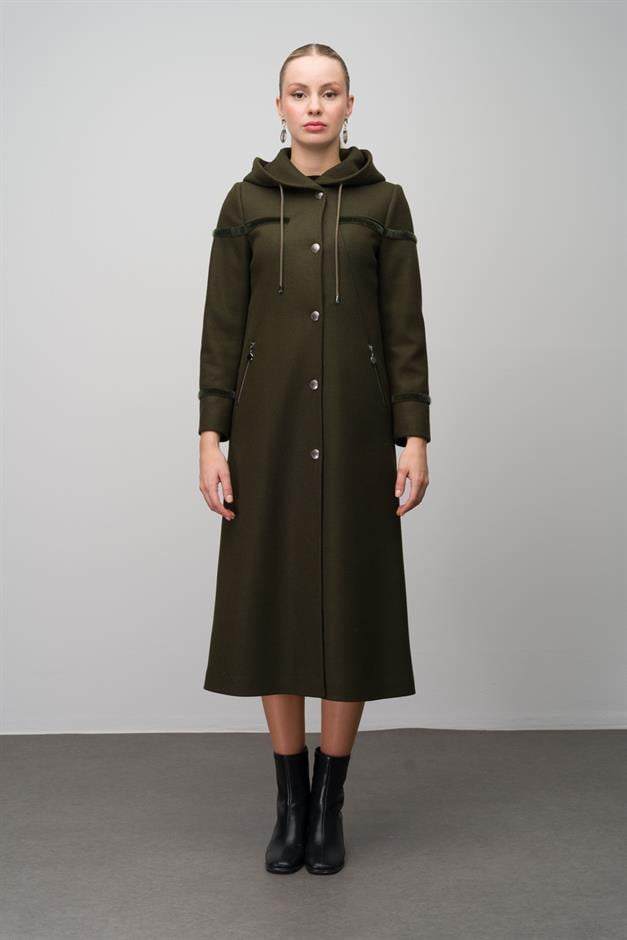 Hooded Snap Closure Wool Blend Long Coat DRAB 6631