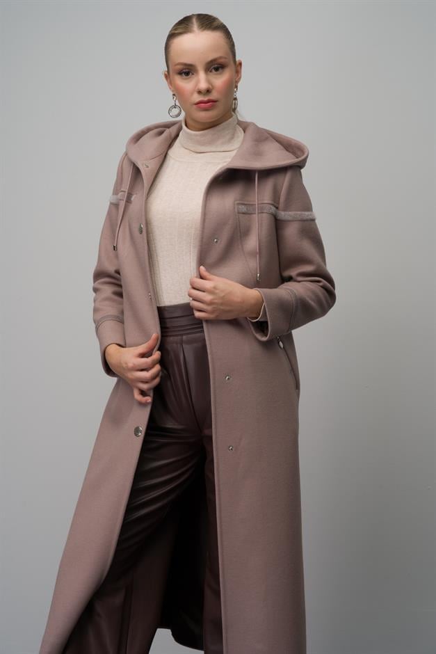 Hooded Snap Closure Wool Blend Long Coat IVORY 6631