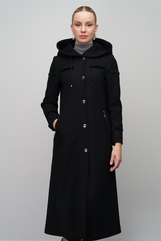 Hooded Snap Closure Wool Blend Long Coat BLACK 6631