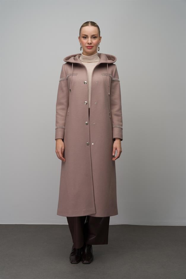 Hooded Snap Closure Wool Blend Long Coat IVORY 6631