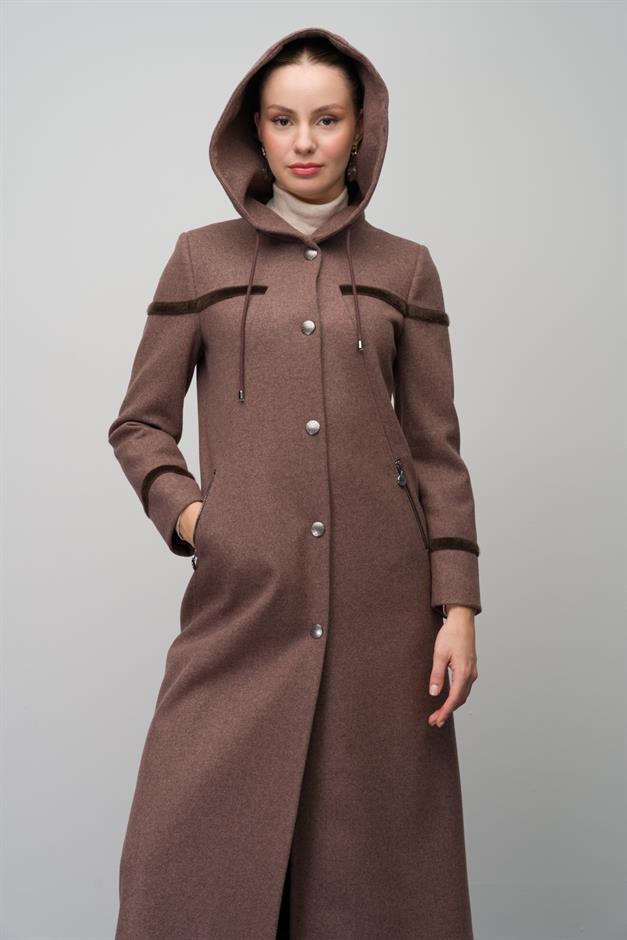 Hooded Snap Closure Wool Blend Long Coat COFFEE MELANGE 6631