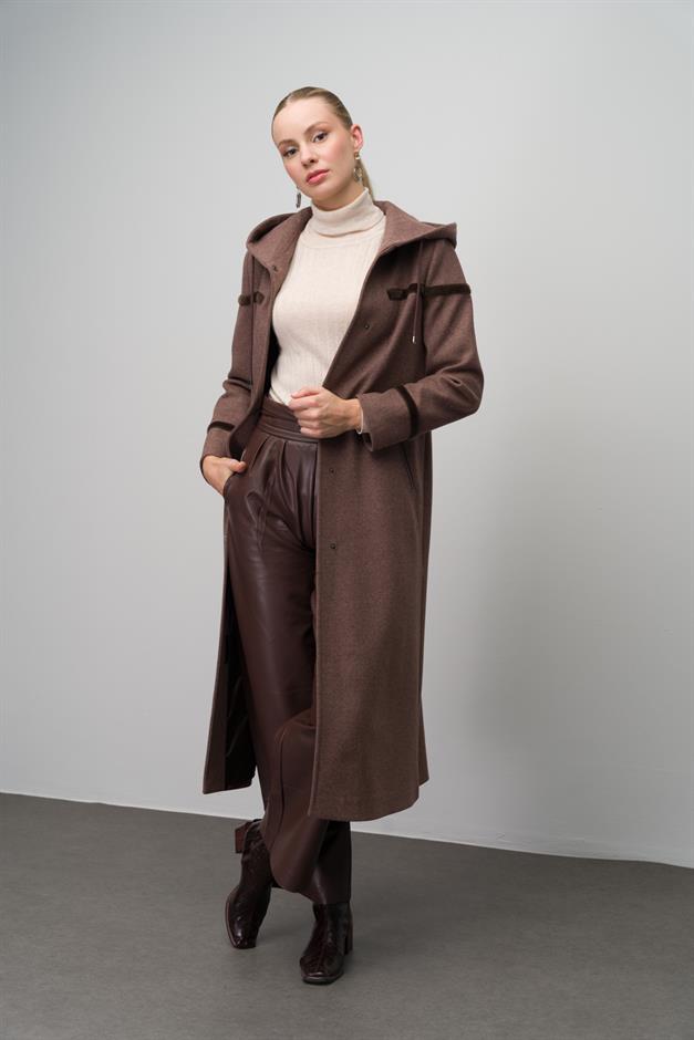 Hooded Snap Closure Wool Blend Long Coat COFFEE MELANGE 6631