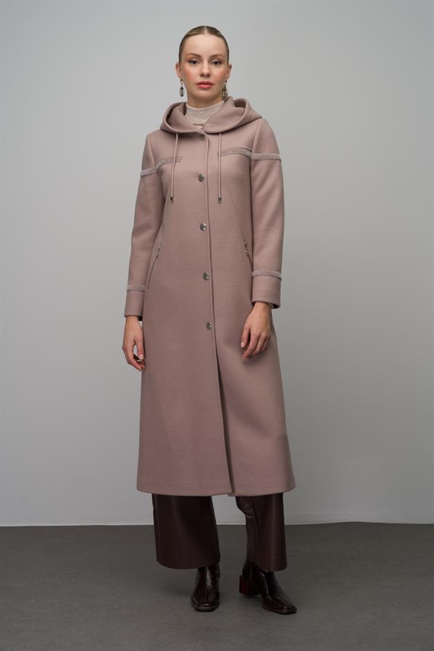 Hooded Snap Closure Wool Blend Long Coat IVORY 6631