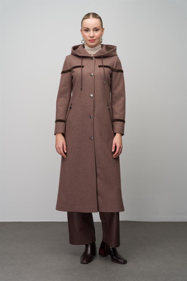 Hooded Snap Closure Wool Blend Long Coat COFFEE MELANGE 6631