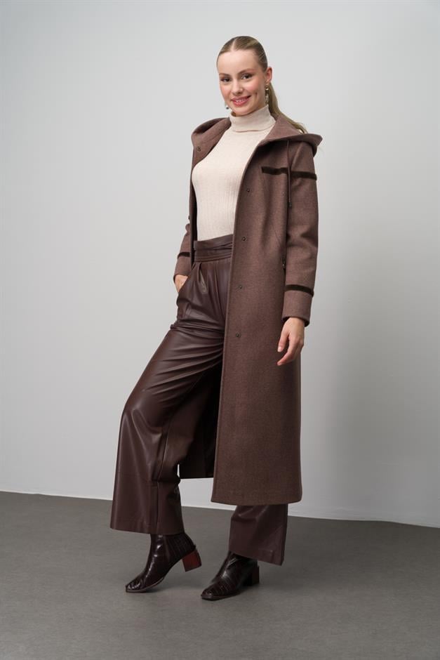 Hooded Snap Closure Wool Blend Long Coat COFFEE MELANGE 6631
