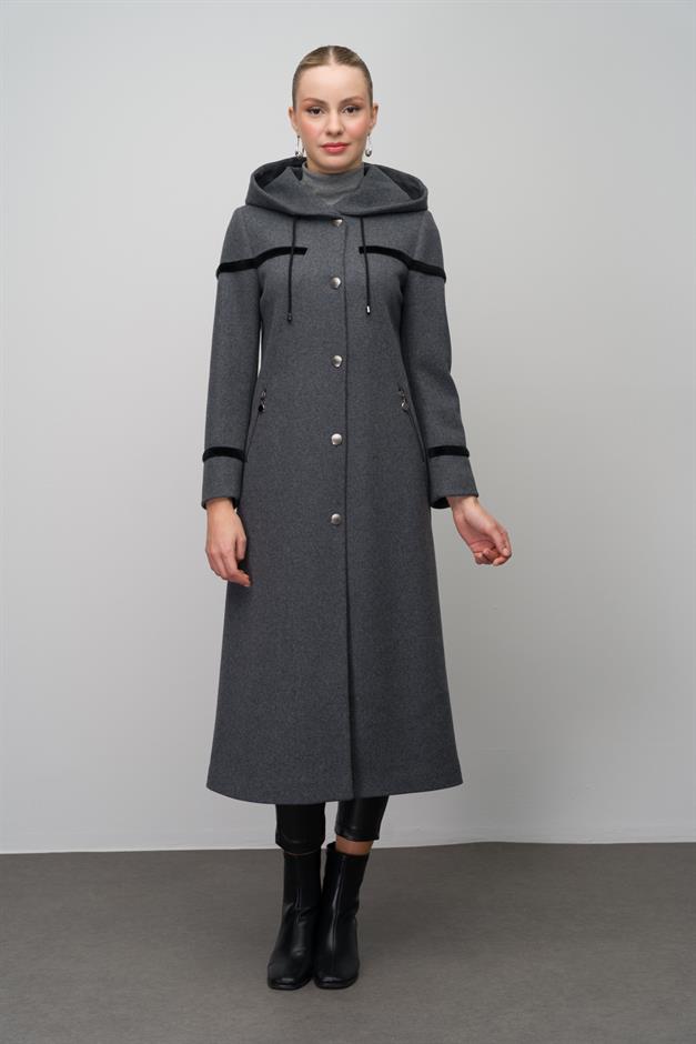 Hooded Snap Closure Wool Blend Long Coat HARD COAL 6631