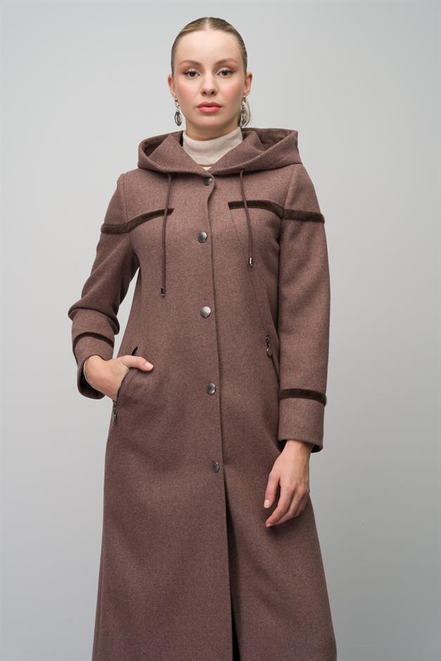 Hooded Snap Closure Wool Blend Long Coat COFFEE MELANGE 6631