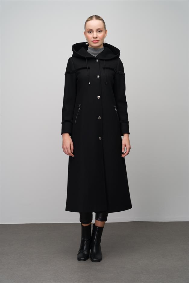 Hooded Snap Closure Wool Blend Long Coat BLACK 6631