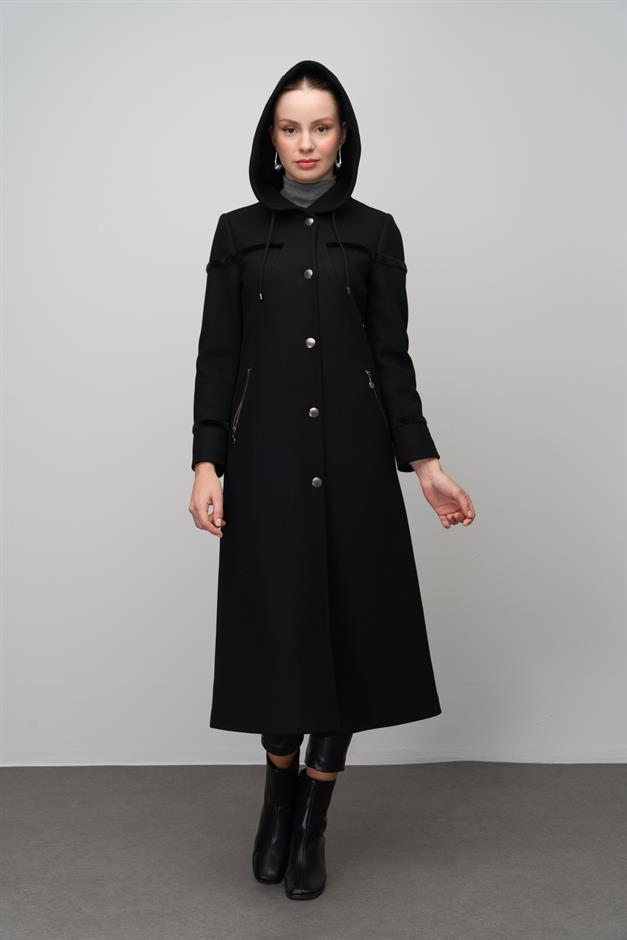 Hooded Snap Closure Wool Blend Long Coat BLACK 6631