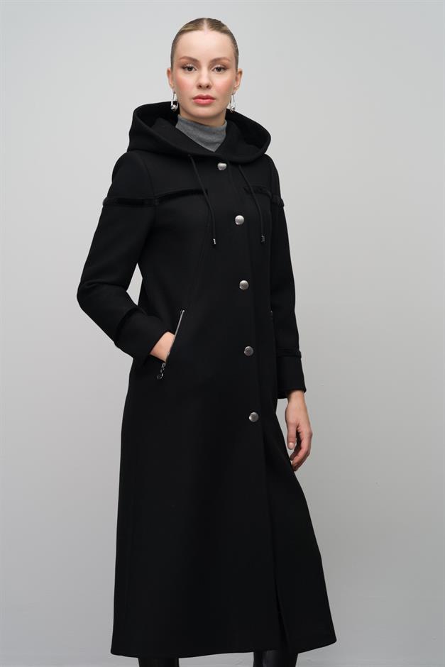 Hooded Snap Closure Wool Blend Long Coat BLACK 6631