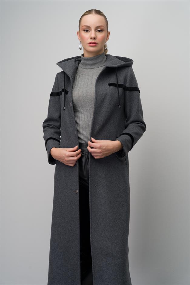 Hooded Snap Closure Wool Blend Long Coat HARD COAL 6631