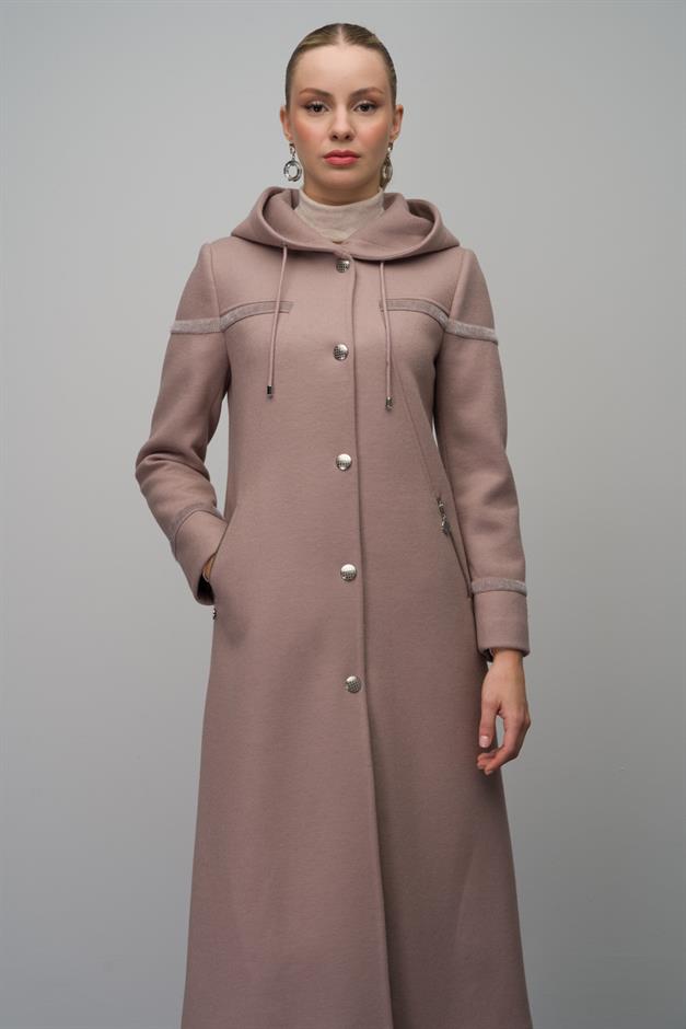 Hooded Snap Closure Wool Blend Long Coat IVORY 6631