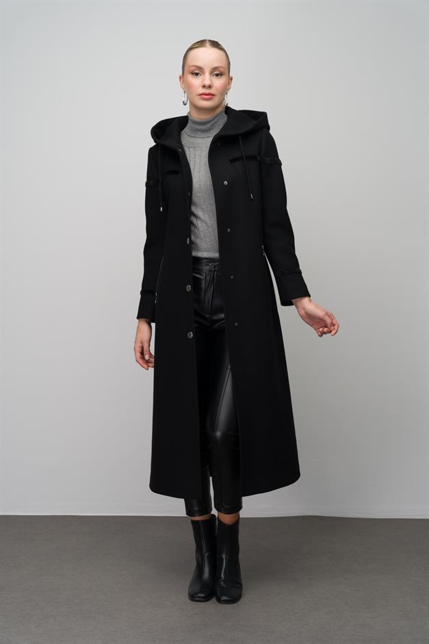 Hooded Snap Closure Wool Blend Long Coat BLACK 6631
