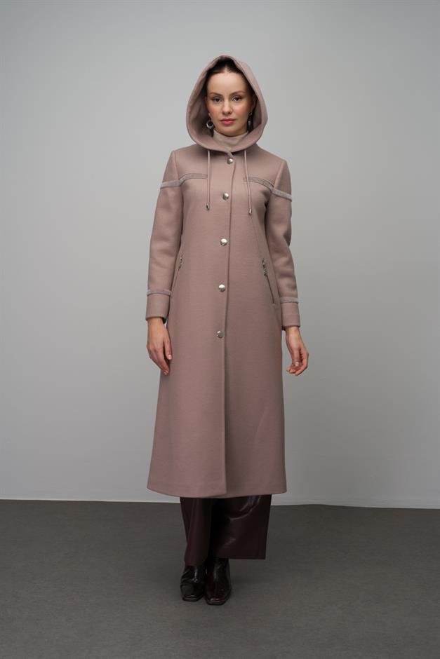 Hooded Snap Closure Wool Blend Long Coat IVORY 6631